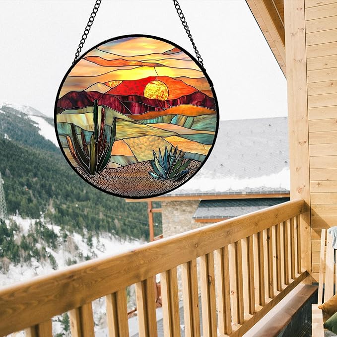 Stained Glass Window Hanging, Golden Landscape Dusk Sunset Suncatcher for Doors Window Home Cactus Sun Catchers Decoration Mother's Day Birthday Gifts for Women, Men, and Mom 15 in