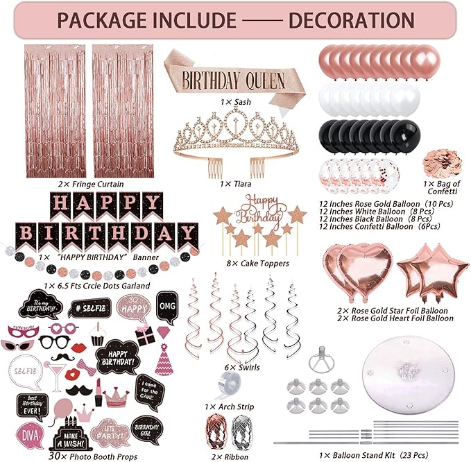 Birthday Decorations For Women, 229 Pcs Rose Gold and Black Happy Birthday Supplies - Disposable Dinnerware Set with 25 Guest, Balloons, Sash, Tiara, Banner, Fringe Curtain, Photo Booth Props