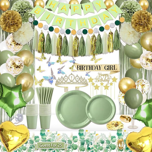 222 Pcs Sage Green Happy Birthday Decorations, Birthday Decorations for Women or Girl Kit- Disposable Dinnerware Set with 25 Guest, Balloons, Sash, Tiara, Banner, Paper Pom Poms