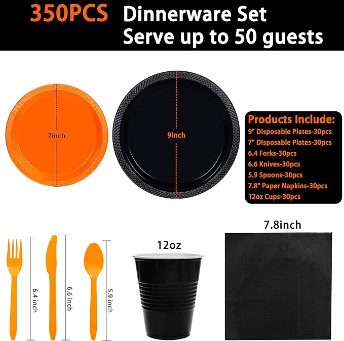 MirthMood 350PCS black and orange Plastic Plates,Black Disposable Plates –Plastic Plates Set Includes 50 Dinner,50 Dessert Plate,50 Cup&50 Napkins, 50 orange Silverware for Parties&Thanksgiving