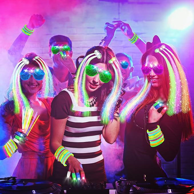 158 PCS Glow in the Dark Party Supplies, 14PCS LED Glasses, 30LED Finger Lights, 14LED Light Hairs and 100PCS Glow Sticks Bracelets, Neon Party Favors for Wedding, Concert, Birthday, New Year