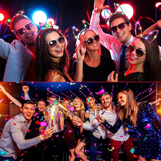 Janinka 64 Pcs Led Cat Ears Headband Bulk, Light Up Rave Hair Accessories Cute Rabbit Ear Crown, Glow in the Dark