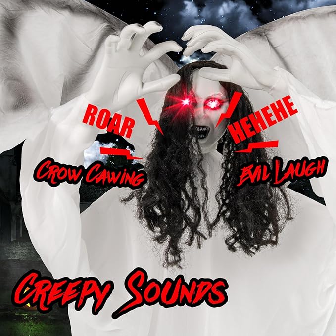 BECOMFORT 6.6 FT Halloween Animatronics, Sound-Activated Standing Angel with Flapping Wings, Glowing Eyes, Creepy Sounds & Posable Arms, Animated Halloween Props Decoration for Indoor & Outdoor
