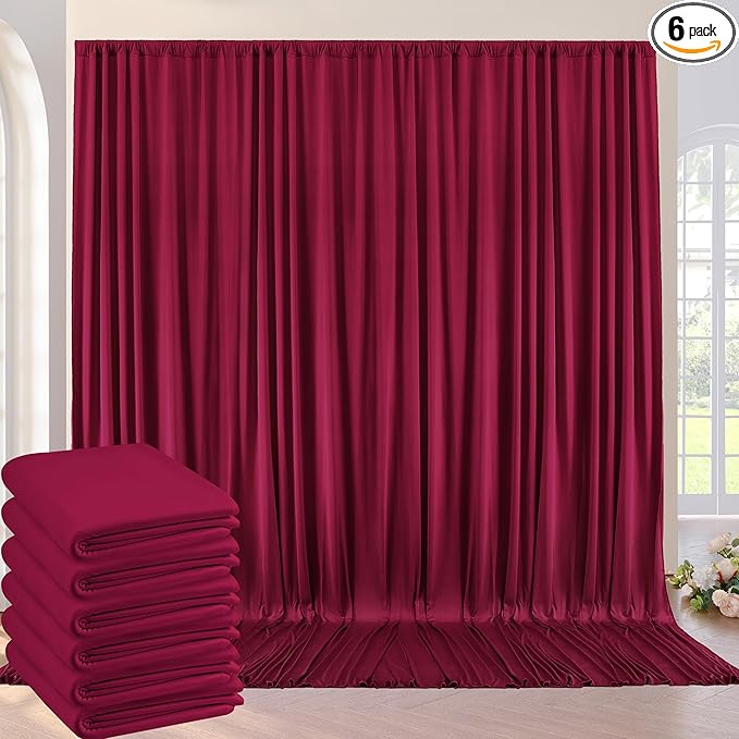 30ft×8ft Wrinkle Free Burgundy Backdrop Curtain for Parties, 6 Panels 5×8ft Soft Silky Polyester Wine Red Photo Backdrop Drapes for Wedding Birthday Christmas Photography Back Drop Cloth