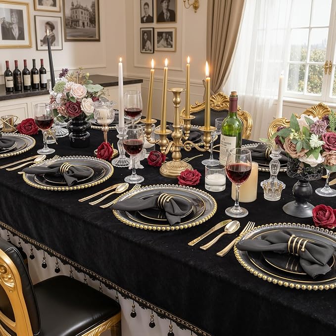 KIRE 350 PCS Plastic Dinnerware Set for 50 Guests - Black and Gold Plates 50 for Dinner 50 for Dessert & 50 Pre Rolled Napkins with Disposable Silverware 50 Cups for New Year/Banquet/Wedding
