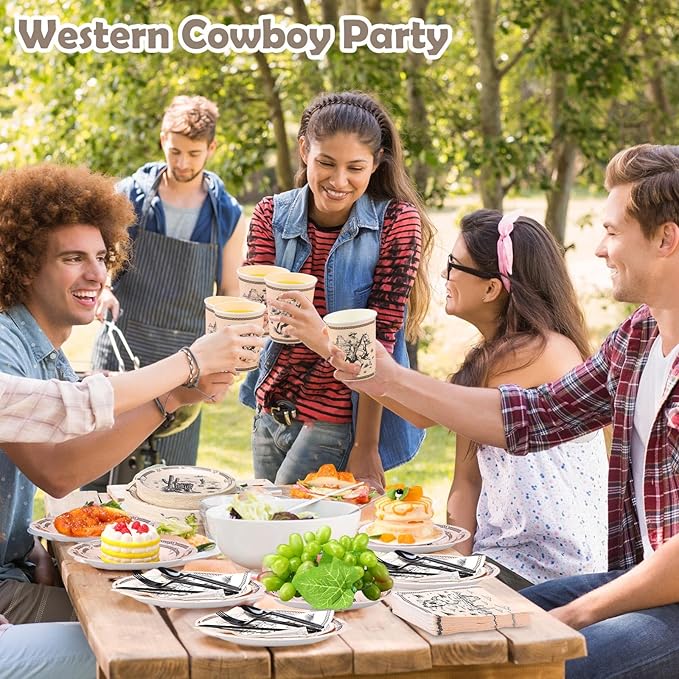 Pickmesh 400 Pcs Western Cowboy Party Plates and Napkin Decoration Wild West Rodeo Tableware Cups Knives for Rodeo Bachelorette and Wild Cowboy Birthday Party Supplies Serve 50