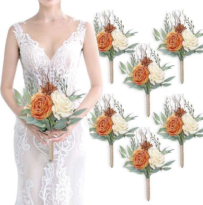 Bridesmaid Bouquets for Wedding - Set of 6 Artificial Flowers Bouquet for Fall Wedding Decoration Marriage Proposal Party Ceremony Anniversary Dining Table Centerpieces - Burnt Orange