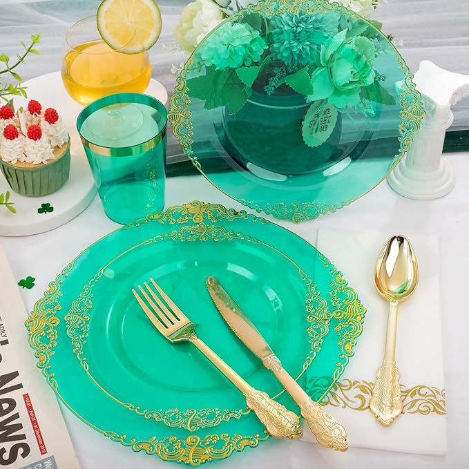 Hioasis 350pcs Green and Gold Plastic Plates - Green Party Plates for 50 Guest, Include 100 Heavy-duty Plates(20% Thicker Than Standard), 150 Cutlery Set, 50 Napkin, 50 Cups
