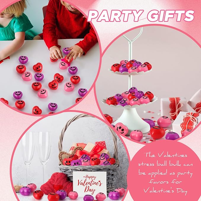 300 Pieces Valentine Day Heart Stress Balls 1.5 Inch Mini Stress Relief Balls Small Heart Shape Ball Kids Adults Wedding School Carnival Gift(Smile Face)
