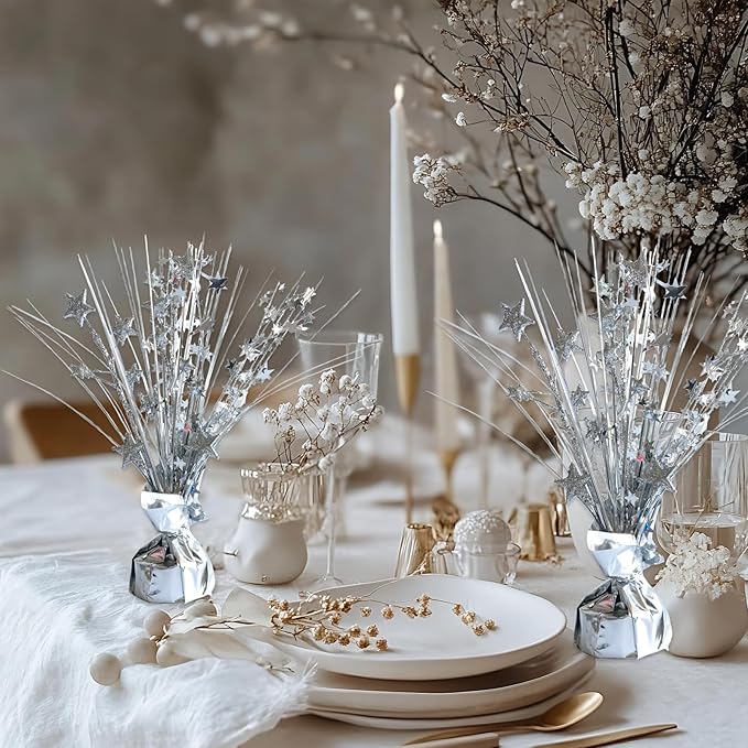 12 Pack Metallic Sliver Foil Spray Centerpieces Stars Brust Table Centerpieces for Wedding Birthday Anniversary Holiday Party Decor, Metallic Star Balloon Wights for Party, Decor for Party