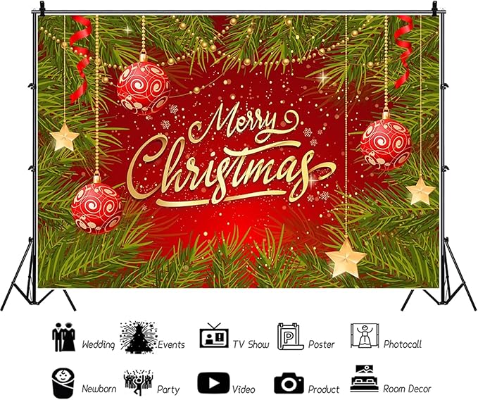 Baocicco 20x10ft Merry Christmas Backdrops for Photoshoot Green and Red Leaves Baubles Snowflake New Year Eve Banner Backdrop Xmas Party Decorations Winter Holiday Banner Photo Booth Studio Prop