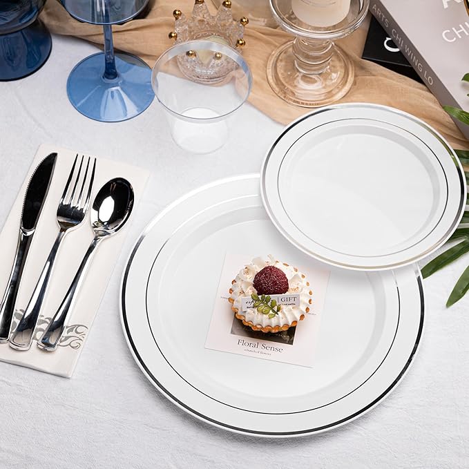 N9R 700PCS Silver Disposable Dinnerware Set for 100 Guests, White Plastic Plates with Silver Rim, Include 100 Dinner & Dessert Plates, Plastic Silverware Set, Cups, Napkins for Party and Wedding