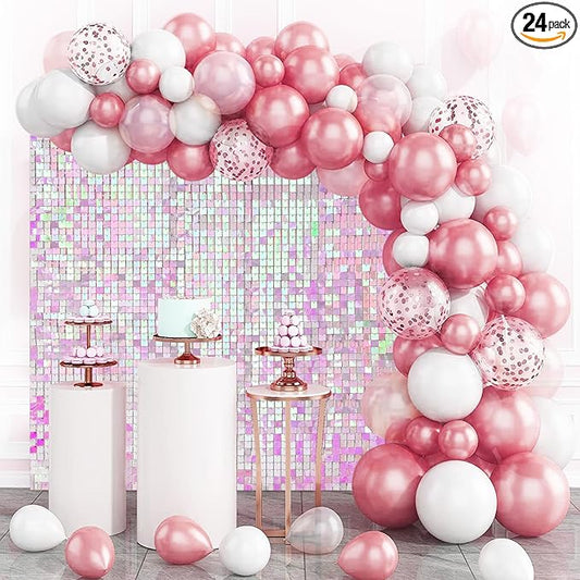Iridescent Pink Shimmer Wall Backdrop,Shiny Sequins,24Pcs Sequins Backdrop Decoration Panels,Glitter Bling Photo Background Decorations for Birthday Party Wedding Anniversary Graduation