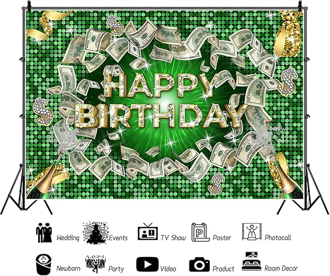 Renaiss 10x7ft Money Birthday Green Backdrop - Champagne Diamonds Dollar Bill Photography Background - Casino Billions Theme Party Decors - Happy Birthday Banner Photo Booth Props