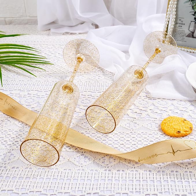 YOUBET 24 Pack Plastic Champagne Flutes - 6 Oz Gold Glitter Disposable Champagne Glasses - Square Plastic Wine Cups Wedding Toasting for Party Birthday Anniversary