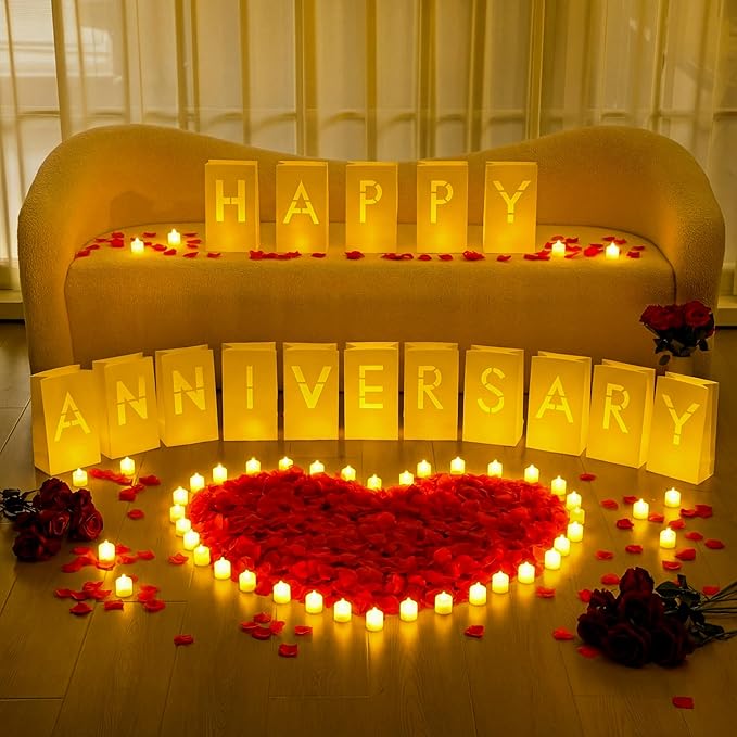 6088 Pcs Happy Anniversary Light up Letters with LED Flameless Tealight Candle Red Rose Petal Letter Luminary Paper Bag for Valentine's Day Decorations Proposal Romantic Special Night Decor