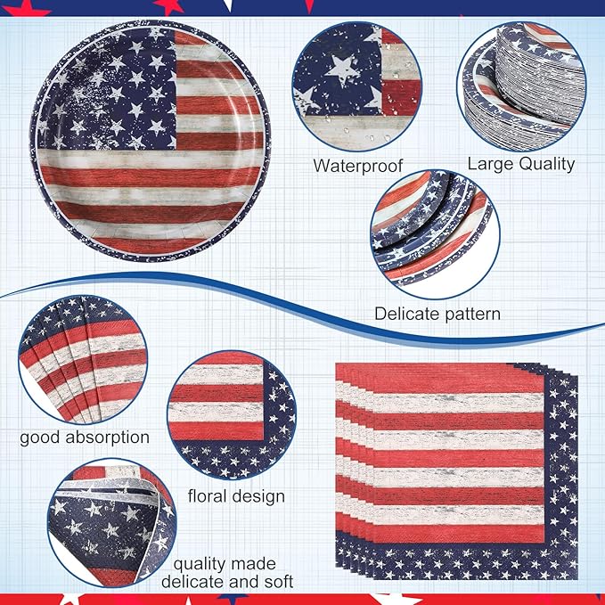 452 Pcs 4th of July Party Supplies for 50 Guests, American Flag Patriotic Paper Plates Napkins Cups Tablecloth Cutlery Straw White Red and Blue Tableware for Fourth of July Party Decoration