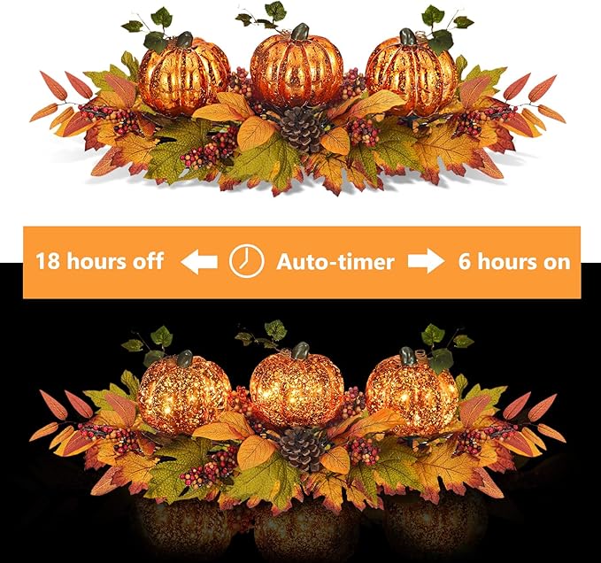 Fall Table Centerpiece with 3 Harvest Pumpkins, Lighted with Timer for Thanksgiving Table Decorations Centerpieces, Autumn Home Decor Battery Operated, 28 Inches