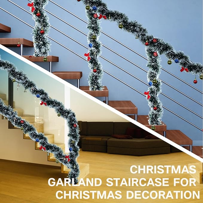 5 Pack 250Ft Greenery Garland with Snow, Dark Green Snowflake Dots, Artificial Christmas Pine Streamers for Indoor/Outdoor Decorations