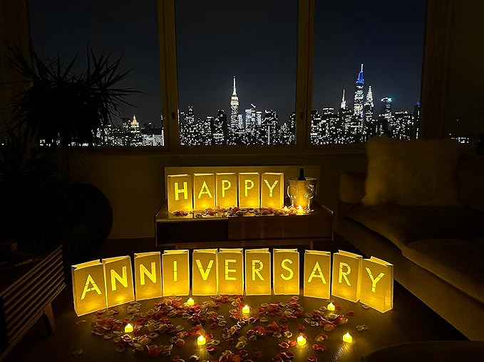 Happy Anniversary Decorations Light up Letters with Tea Lights Candles and Rose Petals Included - Luminary Paper Bags to be Used as Happy Anniversary Banner and Anniversary Decorations Romantic