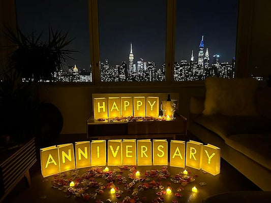 Happy Anniversary Decorations Light up Letters with Tea Lights Candles and Rose Petals Included - Luminary Paper Bags to be Used as Happy Anniversary Banner and Anniversary Decorations Romantic