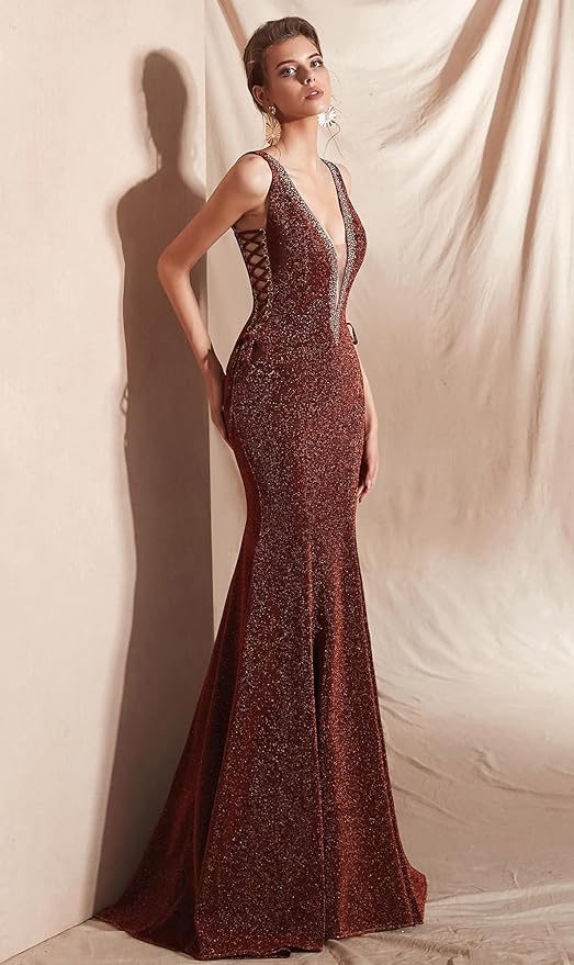 Women's Double V-Neck Sequins Lace-up Mermaid Evening Dress