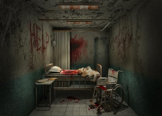 CORFOTO 9x6ft Fabric Creepy Hospital Bloody Ward Room Backdrop Horror Hospital Interior Background for Halloween Zombie Party Decorations Kids Adults Birthday Party Banner Movie Film Photobooth Props