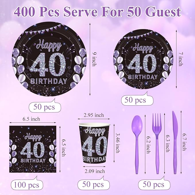 Pickmesh 400 Pcs 40th Birthday Party Supplies Purple Black Happy 40th Birthday Decorations Include Disposable Paper Plates Napkins Cups Cutlery for Men Women Party Serve 50
