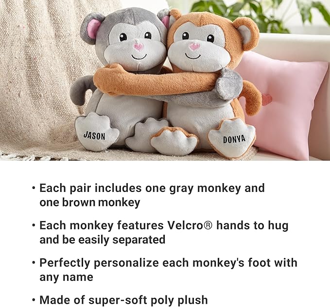 Let's Make Memories Personalized Hugging Plush Monkeys - Valentines Day - for Couples - Him - Her - Monkey Stuffed Animal for Kids - for Birthday - for Boy - for Girl - Monkey Stuffed Animal
