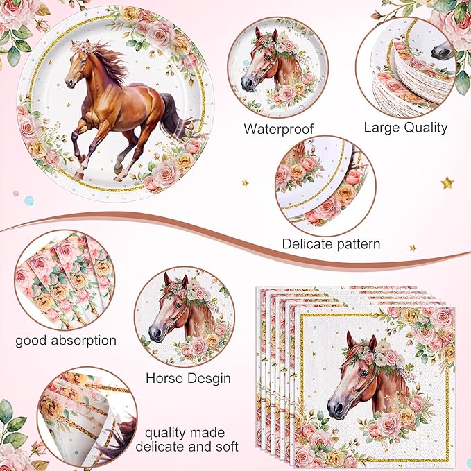452 Pcs Party Supplies Serve 50 Guests, Paper Plates Napkins Cups Cutlery Plastic Tablecloth Dinnerware for Birthday Wedding Party Decoration(Pink Floral,Horse)