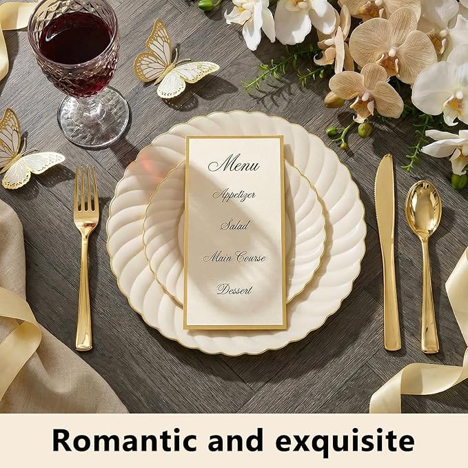 YOUBET 125PCS Scalloped Plastic Plates - Ivory Scalloped Disposable Plates - Gold Plastic Dinnerware Set Include 50 Plates, 75 Gold Silverware for Party & Wedding