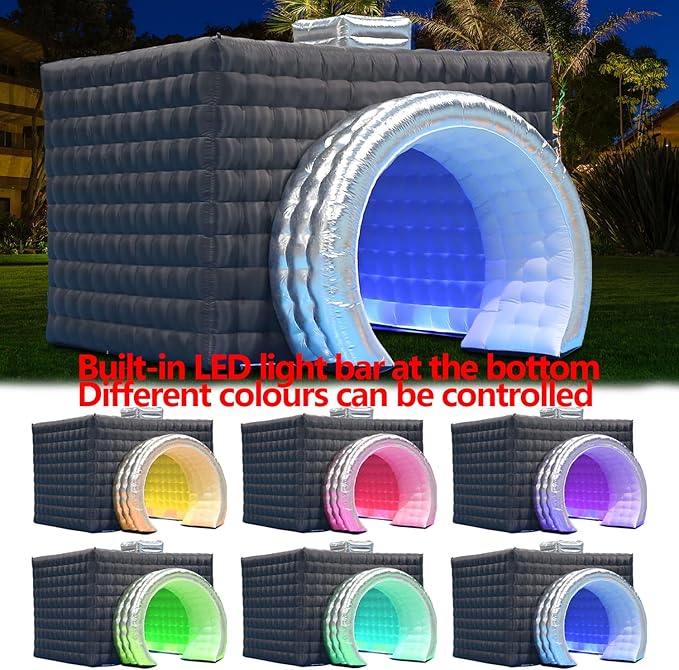 SAYOK Inflatable Photo Booth with Lights, Portable Camera Shaped Cube Tent with Blower, 11.5x9.2x8.2ft (Black&Silver Exterior/White Interior), Backdrop for Wedding Events, Parties, Exhibitions