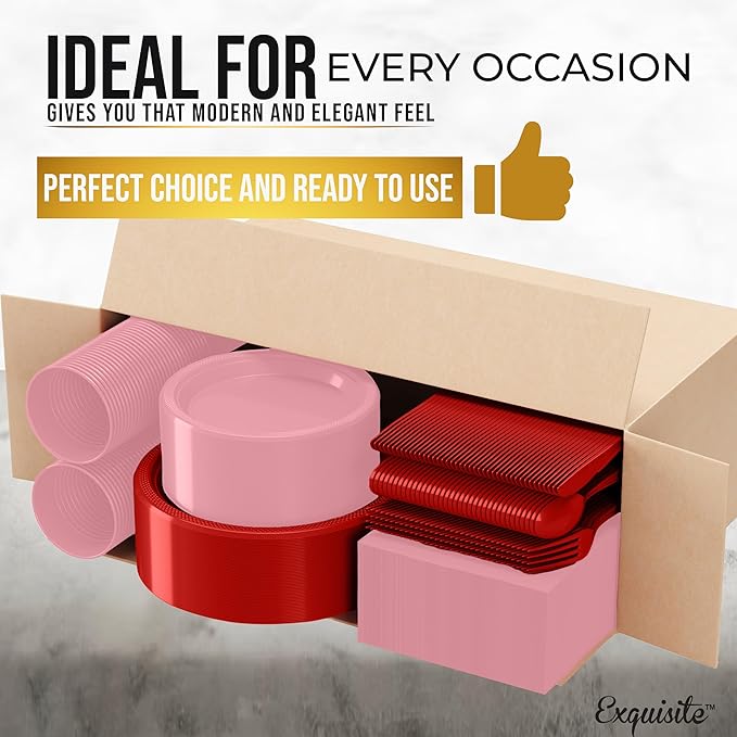Party Solids 350 Pieces Valentines Plastic Plates For Party, Valentines Disposable Plates Set, 50 Of Each 9" Dinner Plate Set, 7" Dessert Plate, Cups, Napkins & Cutlery Plastic Dinnerware