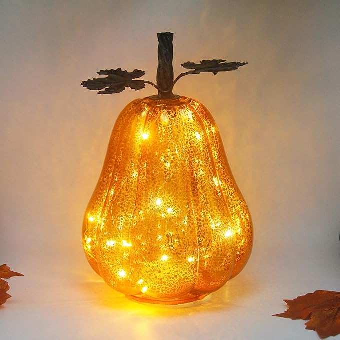 Mercury Glass Pumpkin Lights with Timer, Battery Operated Led Pumpkin Lights for Halloween Fall,Thanksgiving Rustic Decor (Gold Leafy, 9")