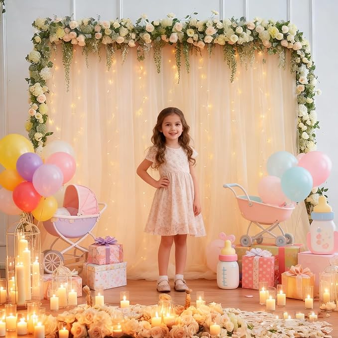 10x10ft Champagne Tulle Backdrop Curtain with Lights String for Parites, Sheer Photo Backdrop Curtains for Wedding Ceremony Bridal Shower Baby Shower Birthday Party Photo Shoot Background Decorations