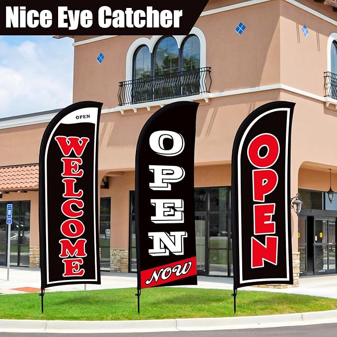 Buryeah 3 Sets Now Open Feather Flag Banner for Business Advertising 7 Feet Tall Grand Opening Feather Flag Sign with Fiberglass Pole Kit Rotating Ground Spike and Portable Bag (Black)