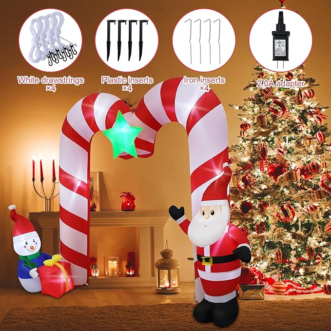 10ft Candy Cane Arched Outdoor Inflatable with LED Lights for Christmas Holiday Party Decoration, Winter Garden Decoration