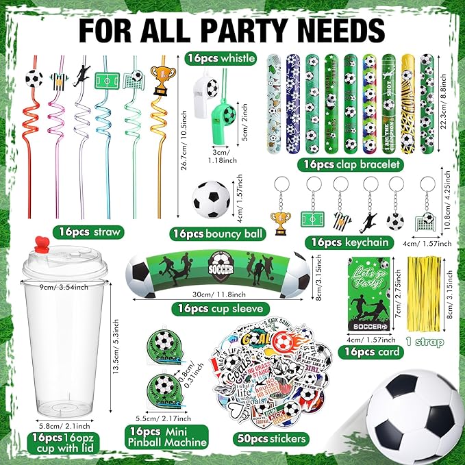 Party Favors Set with Cup Straw Cup Sleeve Bouncy Ball Mini Pinball Machine Keychain Sticker Clap Bracelet Tag for Sport Reward Birthday Gift Party Supplies(195 Pcs,Soccer)