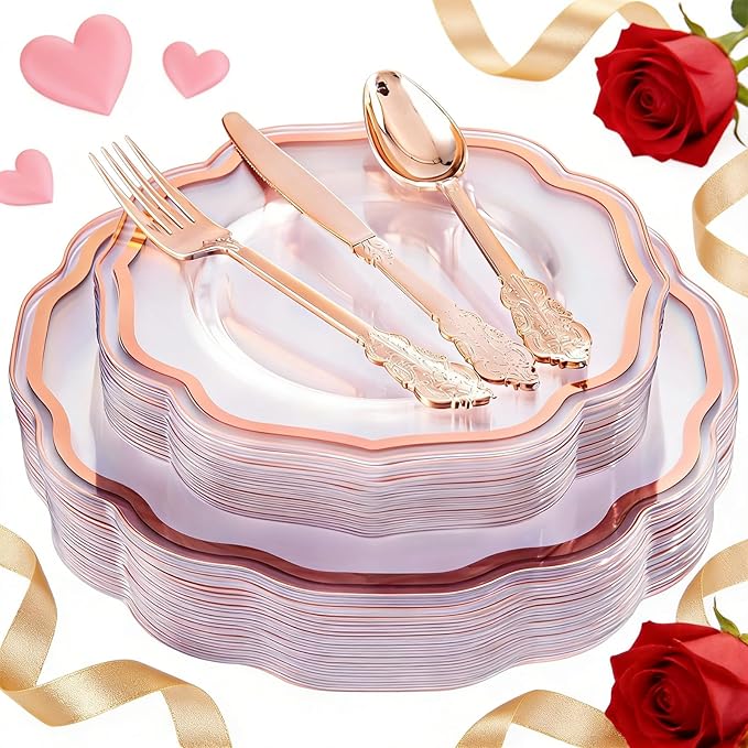 NOCCUR 150PCS Rose Gold Plastic Plates&Rose Gold Silverware-Include 30Dinner Plates, 30Salad plates, 90 Disposable Rose Gold Utensils- Ideal for Weddings/Party/Valentines Day
