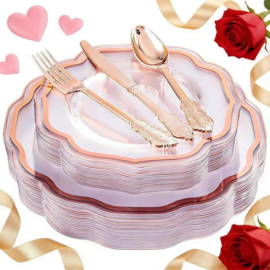 NOCCUR 150PCS Rose Gold Plastic Plates&Rose Gold Silverware-Include 30Dinner Plates, 30Salad plates, 90 Disposable Rose Gold Utensils- Ideal for Weddings/Party/Valentines Day