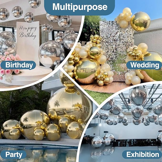Gold Inflatable Mirror Ball, Big Shinny Mirror Balls Reusable Large PVC Disco Ball Balloon for Large Event Decoration, Party, Concerts, Stage, Wedding Decor, Without Air Pump(2 Pcs, 19.7in)
