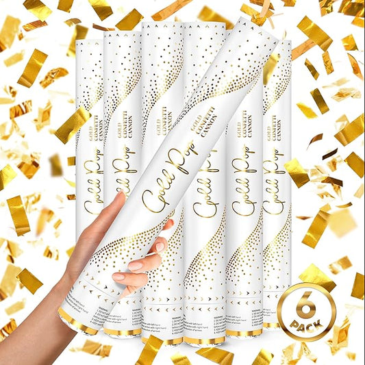 16" GOLD Confetti Poppers [6 Pack] BIODEGRADABLE GOLD Confetti Cannon, Rose Gold Compressed Air Party Poppers, Loud Pop, For Wedding Send Off, Wedding Supplies, Decorations