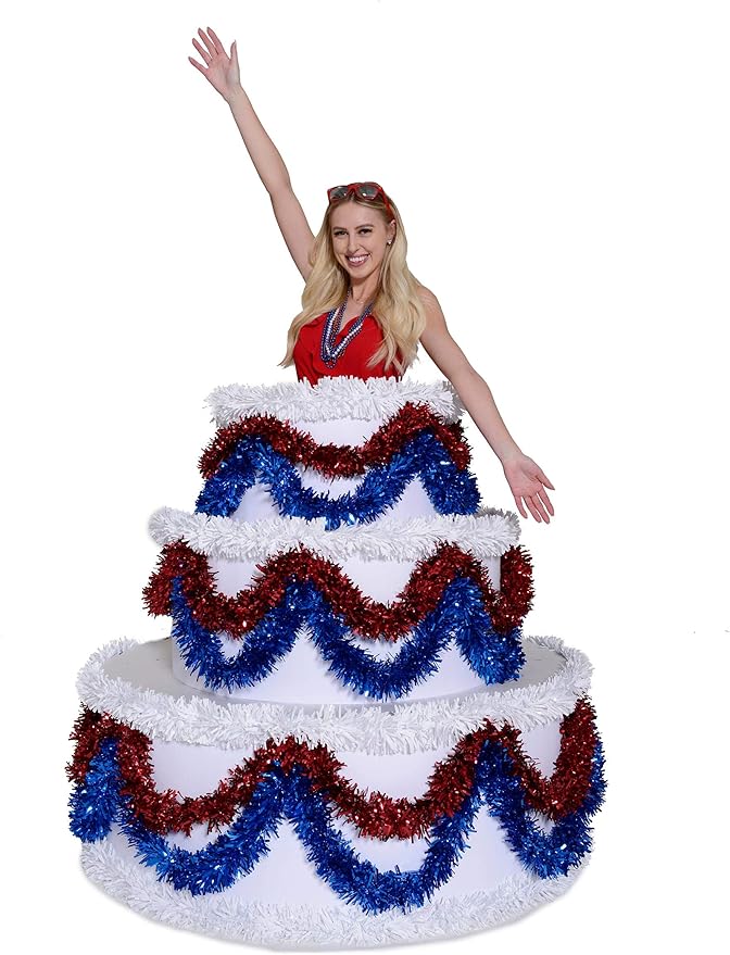 Anderson's 3-Tier Red, White & Blue Trim Pop-Out Cake, Life-Size Jumbo Prop for Surprise Entrances, Weddings, Birthdays, Holidays, Stage Reveals, Photo Ops – Includes Tools, Reusable, 46" x 50"