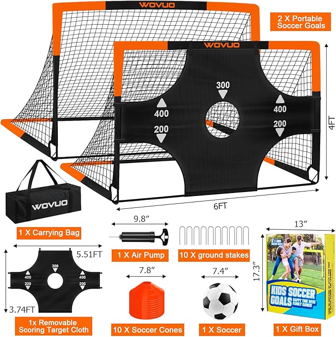 Kids Soccer Goals for Backyard Set of 2, 6x4 ft Portable Toddler Soccer Goal Training Equipment with Soccer Target, Ball, Cones, Soccer Net for Kids Age 3-5 6-8 8-12 10-12-14 Outdoor Sports Games Gift