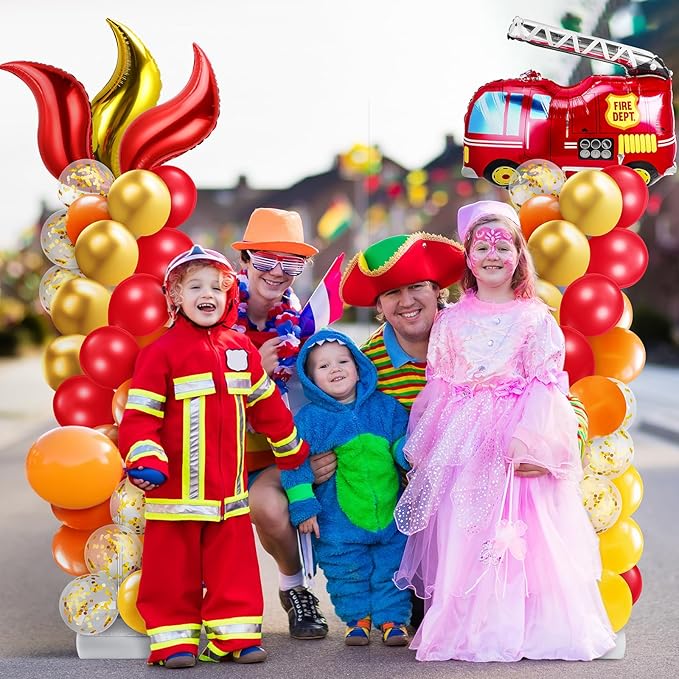 Kasyat 2 Set Fire Truck Party Balloon Column Stand Kit with 2 Fire Truck and 100 Latex Balloons, fire Truck Party Supplies for Wedding Baby Shower Birthday Party