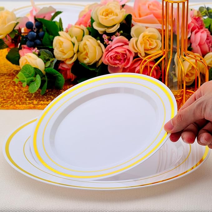 700 PCS Gold Plastic Dinnerware for 100 Guests, Gold and White Disposable Plates include 100 Dinner Plates,100 Dessert Plates,100 Silverware Set,100 Cups,100 Napkins