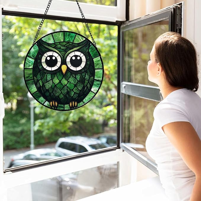 Stained Glass Window Hanging - Green Owl Suncatcher for Doors Garden Patio Funny Bird Sun Catchers Decor Christmas Mother's Day Birthday Teenager Gifts for Women Men Mom Nana Friend 9.8 in