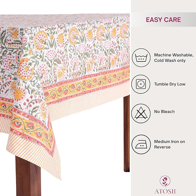 ATOSII Clover Yellow 100% Cotton Rectangle Fall Tablecloth, Handblock Floral Print Linen Table Cloth for Kitchen Dining I Parties, Weddings, Outdoors, Christmas, Thanksgiving Decor 60 X 108 Inches