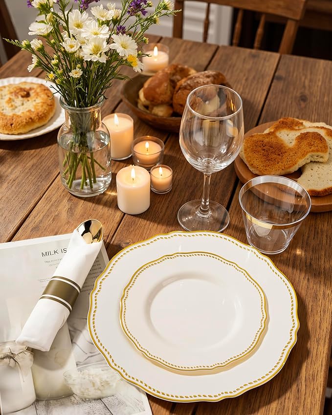 Hioasis 175pcs Ivory Gold Plastic Plates - Gold Plastic Dinnerware Set Includes 25 Dinner Plates, 25 Dessert Dinnerware, 25 Cups, 25 Napkins Perfect for Wedding & Party