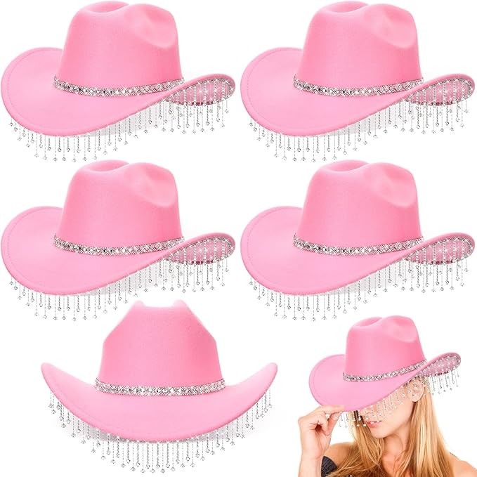 Hercicy 6 Pack Western Cowboy Hats with Rhinestone Tassel Bands Sequin Trim Sparkly Cowgirl Party Hats for Adults Women Men